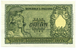 50 LIRE BIGLIETTO DI STATO ITALIA ELMATA BOLAFFI 31/12/1951 FDS-/FDS - Other & Unclassified