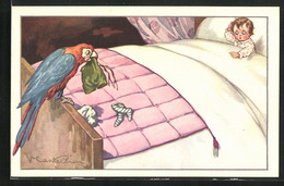 Künstler-AK Castelli: Papagei Stiehlt Die Kleider Eines Im Bett Liegenden Kindes - Castelli