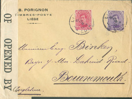 N°138-139 - Obl. Sc LIEGE 1 Sur Lettre Du 13-II-1919 Vers Bournemouth (GB) + Double Bande De Censure Anglaise OPENED BY - Other & Unclassified