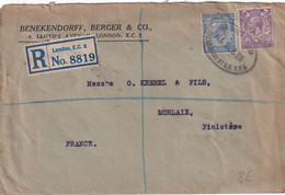 GB / PERFIN - 1928 - ENVELOPPE RECOMMANDEE De LONDON Avec PERFORES (BENEKENDORFF,BERGER & Co) => MORLAIX - Perforadas