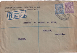 GB / PERFIN - 1928 - ENVELOPPE RECOMMANDEE De LONDON Avec PERFORES (BENEKENDORFF,BERGER & Co) => MORLAIX - Perforés