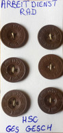 6 Boutons Allemand19 Mm Du RAD Carton Marron Neuf De Stock MARQUAGE HSC Ges Gesch Vareuse Veste Manteau Capote - Boutons