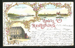 Lithographie Rendsburg, Hotel Green, Obereider Hafen, Teilansicht Mit Dampfer - Rendsburg