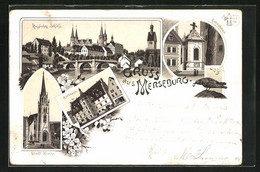 Vorläufer-Lithographie Merseburg, 1894, Königliches Schloss`, Rathaus, Stadt-Kirche - Merseburg