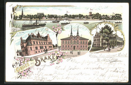 Lithographie Brake / Weser, Restaurant Schützenhaus, Flusspartie Mit Schiffe - Brake