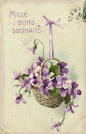 Carte Gauffrée Panier De Violettes Ruban Mille Bons Souhaits RV - Otros