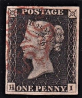 GRAN BRETAGNA 1p Nero PENNY BLACK LETT. H-I  LIGHT RED MALTESE CROSS VFU 4 FULL GOOD MARGINS - Usados