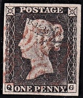 GRAN BRETAGNA 1p Nero PENNY BLACK LETT. Q-G  LIGHT RED MALTESE CROSS VFU 4 FULL LARGE MARGINS SUPERB STAMP CERTIFICATO - Gebruikt