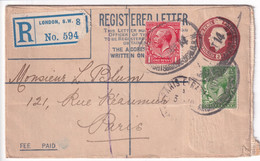 GB - GEORGE V - 1914 - ENVELOPPE ENTIER POSTAL RECOMMANDEE De LONDON => PARIS - Cartas & Documentos