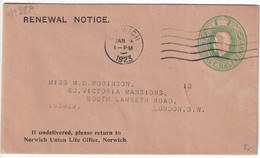 GB - 1923 - ENVELOPPE ENTIER PRIVEE De NORWICH INSURANCE => LONDON - Postwaardestukken