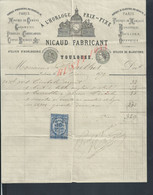 FACTURE ILLUSTRÉE SUR TIMBRE FISCAUX DE 1879 NICAUD FABRICANT D HORLOGERIE PENDULES CANDELABRES HORLOGE ECT À TOULOUSE - Revenue Stamps