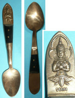 Rare Ancienne Petite Cuillère En Métal Et Bois SIAM, Bouddha, Thaïlande, Cuiller - Cuillères