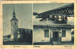 T2/T3 1940 Tekeháza, Tekovo, Tekove; Református Templom, Tiszai Fahíd, Hangya üzlete és Saját Kiadása / Calvinist Church - Unclassified