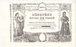 Debrecen 1938. "Debreczeni Első Takarékpénztár" Részvénye 50P-ről, Szelvényekkel és Szárazpecséttel T:I - Unclassified