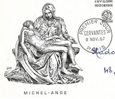 CURIOSITE - ENVELOPPE ILLUSTREE MICHEL ANGE AVEC LES CACHETS 1ER JOUR CERVANTES PARIS 1957,  VOIR LES SCANNERS - Lettres & Documents