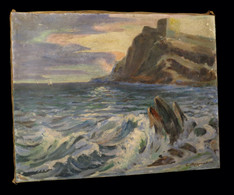 [MER VAGUES FALAISE] RAYNAUD (E.) - Huile Sur Toile Signée Et Datée : Fracas Des Vagues Sur Un Récif. - Huiles