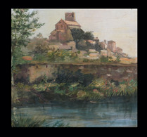 [Huile Sur Toile] - Vue D'une Rivière Que Surplombe Un Village. - Huiles