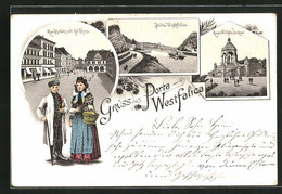 Lithographie Porta Westfalica, Marktplatz Mit Rathaus, Kasier Wilhelm Denkmal - Porta Westfalica