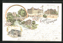 Lithographie Lippspringe, Hotel Wegener, Hotel Garbe - Bad Lippspringe