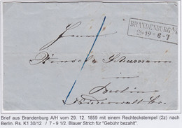 Preußen Ra2 Brandenburg Havel TaxBf N Berlin 1859 - [1] Prephilately