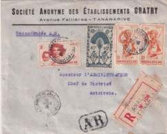 MADAGASCAR - 1948 - ENVELOPPE RECOMMANDEE (ETIQUETTE IMPRESSION DOUBLE !)  Avec AR ! De TANANARIVE => ANTSIRABE - Storia Postale