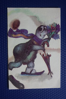 TURTLE WITH UMBRELLA -  - Old Soviet Cartoon PC - 1980s - Skiing - Tortue - Schildkröten