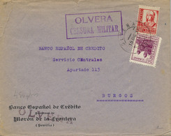 1937 , CÁDIZ , OLVERA - BURGOS  , SOBRE DEL BANCO ESPAÑOL DE CRÉDITO CIRCULADO , CENSURA MILITAR , LLEGADA , LOCAL - Storia Postale