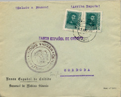 1938 , CÁDIZ , MEDINA SIDONIA - CÓRDOBA , SOBRE DEL BANCO ESPAÑOL DE CRÉDITO CIRCULADO , CENSURA MILITAR - Cartas & Documentos