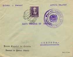 1938 , CÁDIZ , MEDINA SIDONIA - CÓRDOBA , SOBRE DEL BANCO ESPAÑOL DE CRÉDITO CIRCULADO , CENSURA MILITAR - Cartas & Documentos