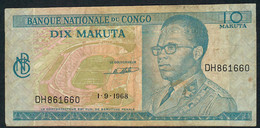 CONGO DEMOCRATIC REPUBLIC P9 10 MAKUTA 1.9.1968  VF    NO P.h. - República Democrática Del Congo & Zaire