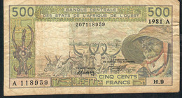 W.A.S. LETTER A Ivory Coast  P106Ab1  500 FRANCS 1981 Signature 15   9 Digit S/ns  FCO Fiduciaire VF NO P.h. - Elfenbeinküste (Côte D'Ivoire)