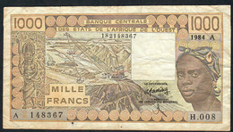 W.A.S. LETTER A Ivory Coast  P107Ac  1000 FRANCS 1984 Signature 18 VF   NO P.h. - Costa De Marfil