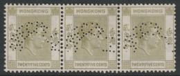 HONG KONG 1946 KG6 25c Pale Yellow-olive Perforated SPECIMEN In A Horizontal Strip Of 3 Without Gum - Less Than 400 Stam - Otros & Sin Clasificación