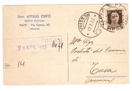 WQ515     Regno 1940 Cartolina Pubblicitaria PATTI Per TUSA (Messina) - Imperiale 30c - Marcofilie