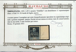 TRIPOLITANIA 1925 GIUBILEO DEL RE 1,25 SASSONE N. 25 ** MNH LUSSO C.ORO RAYBAUDI - Tripolitania