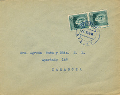 1937 , SOBRE CIRCULADO ENTRE SABIÑÁN Y ZARAGOZA , FECHADOR AZUL , LLEGADA - Covers & Documents