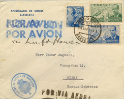 1943 , CONSULADO DE SUECIA EN BARCELONA , SOBRE CIRCULADO VIA LUFTHANSA A SKARA , CENSURA - Brieven En Documenten