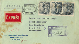 1942 , MADRID - PARIS , SOBRE CERTIFICADO EXPRÉS , ED. 930 X 3 , CENSURA ALEMANA , GUBERNATIVA Y LLEGADA - Cartas & Documentos