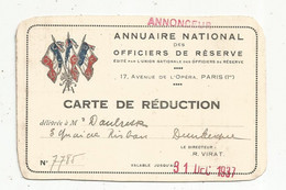 Carte De Réduction , 1937 ,Annuaire National Des OFFICIERS DE RESERVE , DUNKERQUE, 2 Scans - Non Classificati