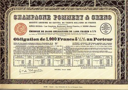 Obligation Champagne Pommery Et Greno - 1000 Francs -avec Vignettes - Agriculture