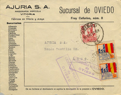 1937 , ASTURIAS , OVIEDO - LUGO , FRONTAL CIRCULADO , CENSURA MILITAR Y LOCALES PRO PATRIA - Lettres & Documents