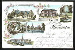 Lithographie Holzminden, Schloss Bevern, Der Mittlere Teich Mit Kath. Kirche, Weserbrücke - Holzminden