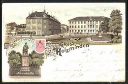 Lithographie Holzminden, Hotel Buntrock Und Baugewerkschule, Haarmann-Denkmal - Holzminden