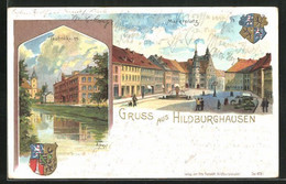 Lithographie Hildburghausen, Marktplatz Mit Brunnen Und Rathaus, Technikum, Wappen - Hildburghausen