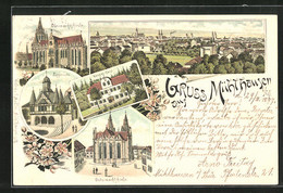 Lithographie Mühlhausen, Weisses Haus, Obermarktskirche - Muehlhausen
