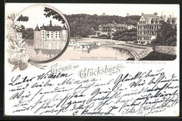 Vorläufer-Lithographie Glücksburg, 1895, Strand-Hotel Glücksburg, Schloss - Gluecksburg