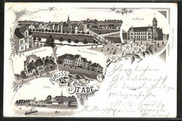 Lithographie Stade, Kgl. Lehrerseminar, Kgl. Postamt, Hafen Mit Dampfer - Stade