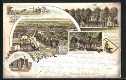 Lithographie Buxtehude, Bahnhofs-Hotel Mit Terrasse, Kgl. Baugewerkschule, Gesamtansicht Mit Dampflok - Buxtehude