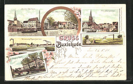 Lithographie Buxtehude, Hotel Peper, Papierfabrik Wintersche, Partie Am Mühlenstrom Mit Fährhaus - Buxtehude