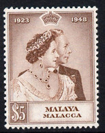Malaya - Malacca 1948 KG6 Royal Silver Wedding $5 Mounted Mint But Corner Crease SG2 - Malaya (British Military Administration)